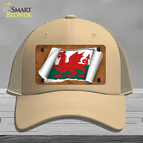 Wales Flag Scroll Novelty License Plate Hat Mesh / Khaki