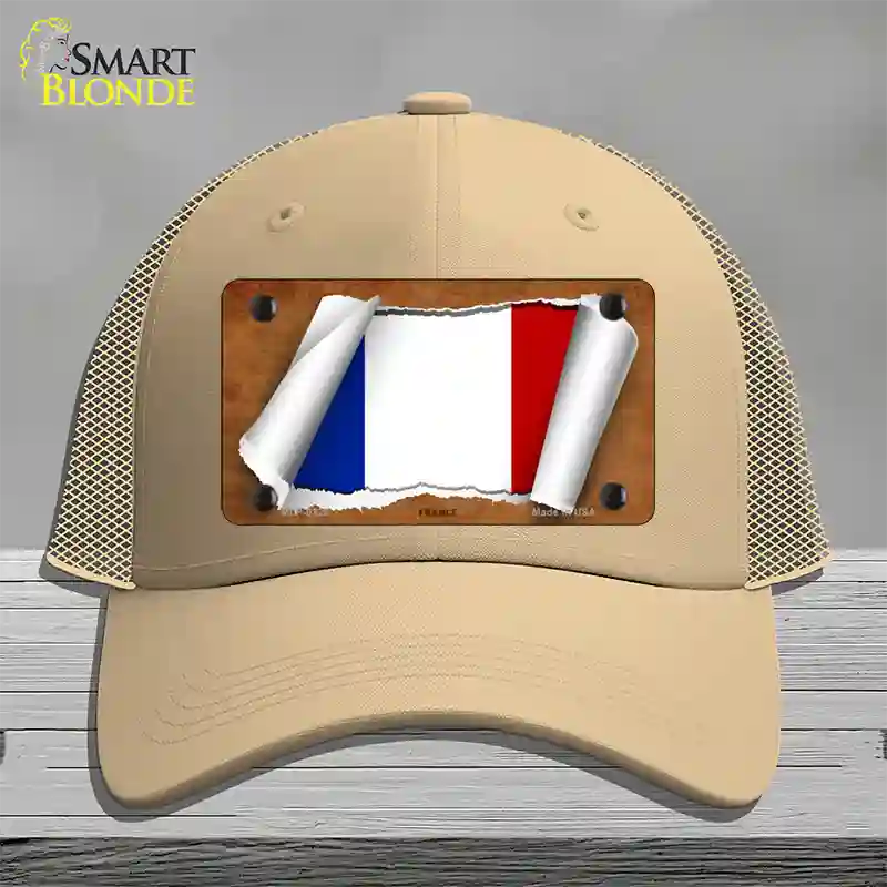 France Flag Scroll Novelty License Plate Hat Mesh / Khaki