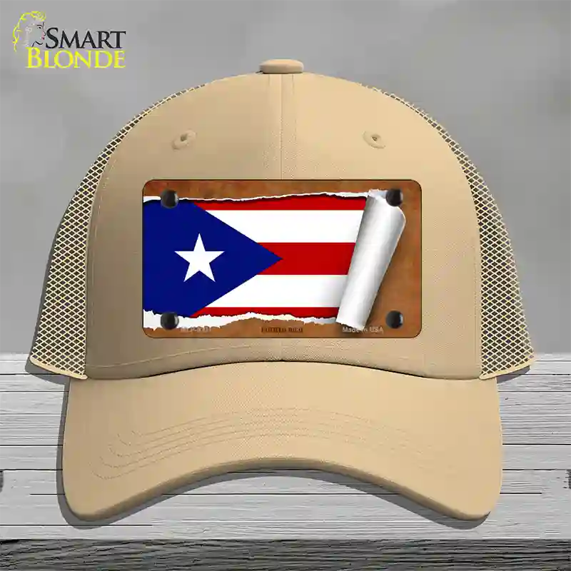 Puerto Rico Flag Scroll Novelty License Plate Hat Mesh / Khaki