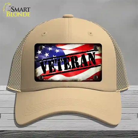 Veteran American Flag Novelty License Plate Hat Mesh / Khaki