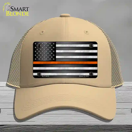 American Flag Thin Orange Line Novelty License Plate Hat Mesh / Khaki