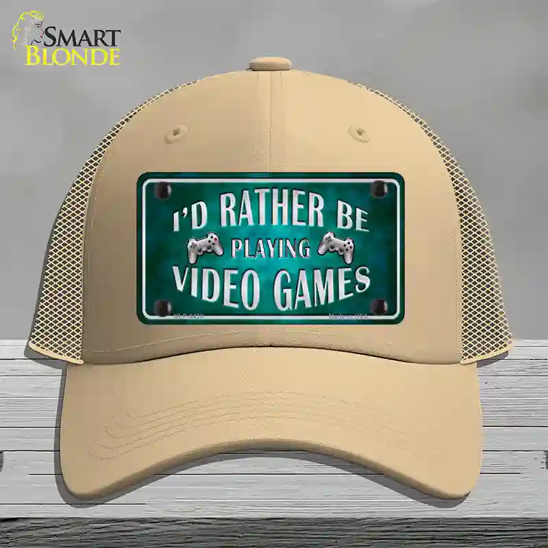 Rather Play Video Games Novelty License Plate Hat Mesh / Khaki