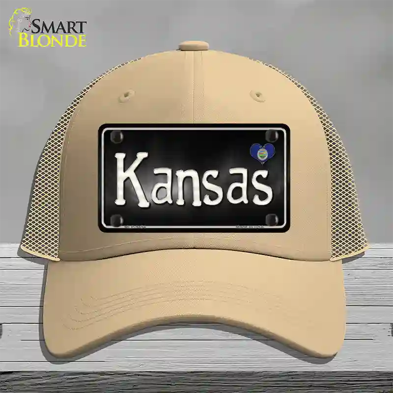 Kansas Flag Script Novelty License Plate Hat Mesh / Khaki