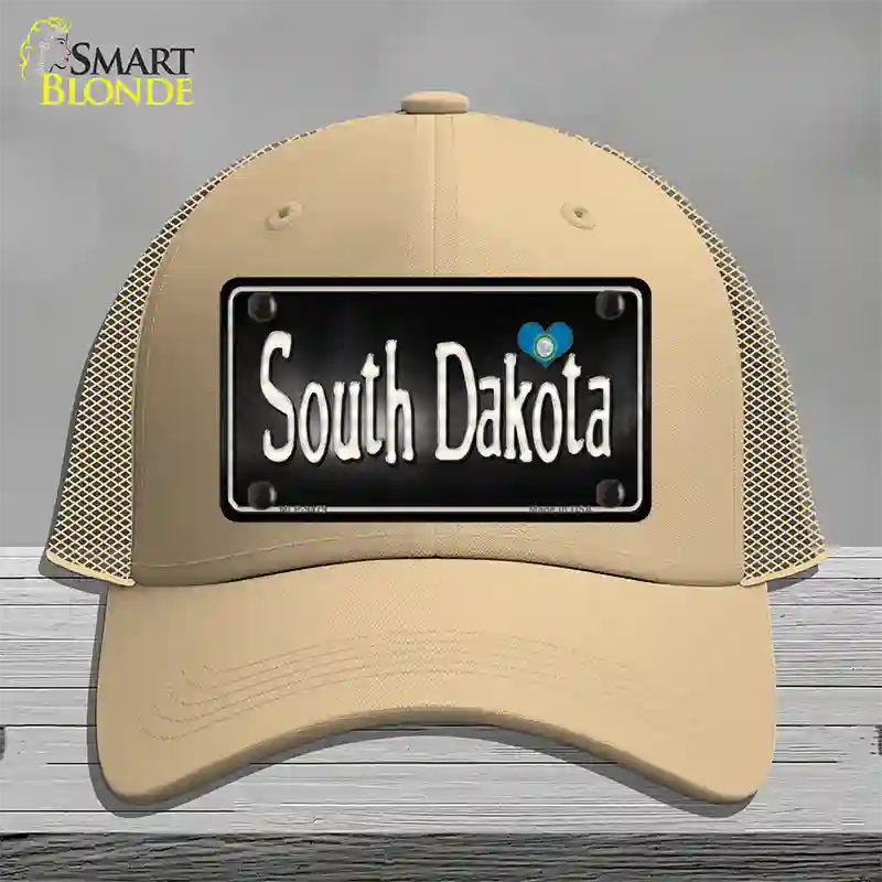 South Dakota Flag Script Novelty License Plate Hat Mesh / Khaki