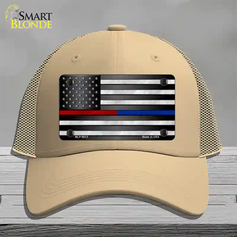 American Flag Police / Fire Novelty License Plate Hat Mesh / Khaki