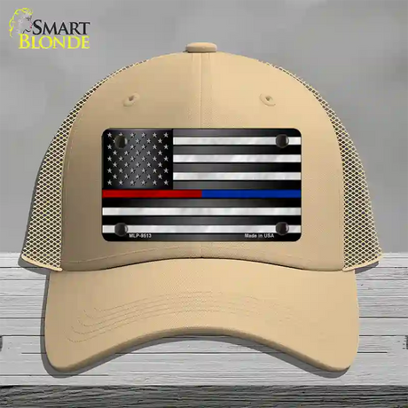 American Flag Police / Fire Novelty License Plate Hat Mesh / Khaki