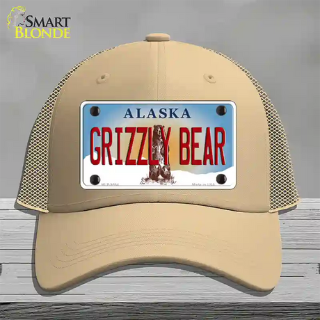 Grizzly Bear Alaska State Novelty License Plate Hat Mesh / Khaki