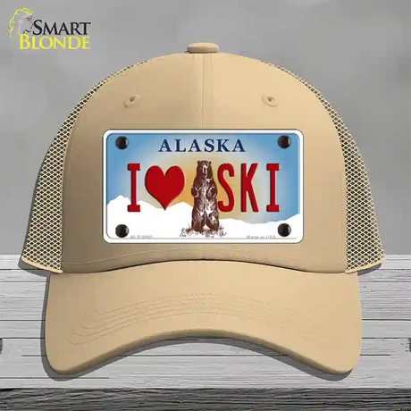 I Love Ski Alaska State Novelty License Plate Hat Mesh / Khaki