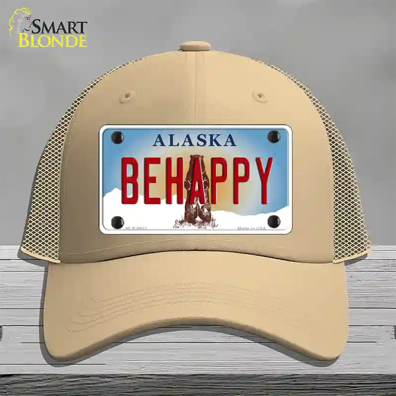 Be Happy Alaska State Novelty License Plate Hat Mesh / Khaki