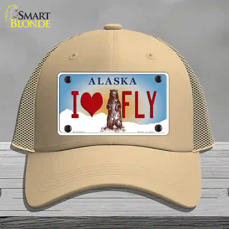 I Love Fly Alaska State Novelty License Plate Hat Mesh / Khaki