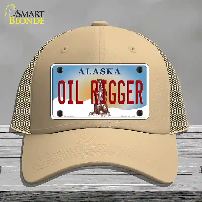 Oil Rigger Alaska State Novelty License Plate Hat Mesh / Khaki