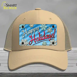 Happy Holidays Blue Novelty License Plate Hat Mesh / Khaki