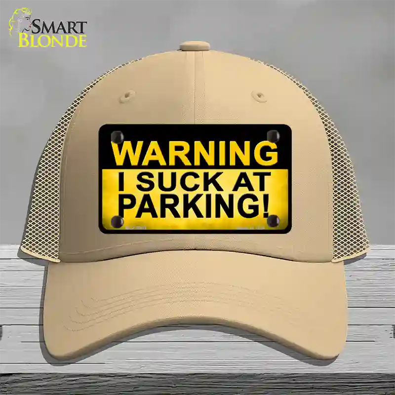 Warning Suck At Parking Novelty License Plate Hat Mesh / Khaki