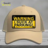 Warning Suck At Parking Novelty License Plate Hat Mesh / Khaki