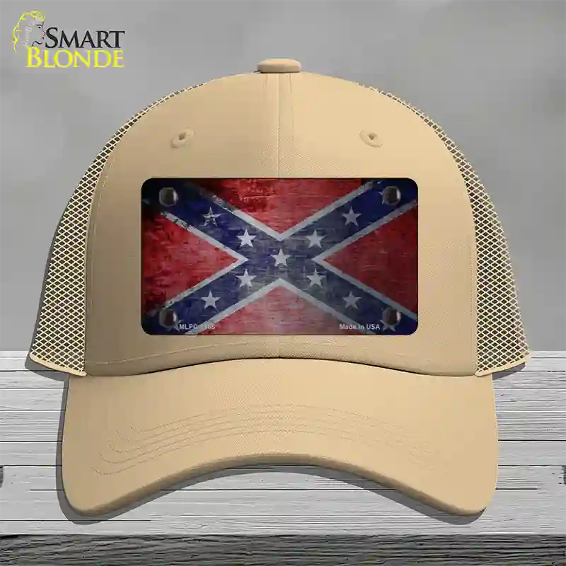 Confederate Flag Scratched Chrome Novelty License Plate Hat Mesh / Khaki