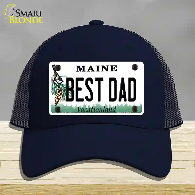 Best Dad Maine Novelty License Plate Hat Mesh / Navy