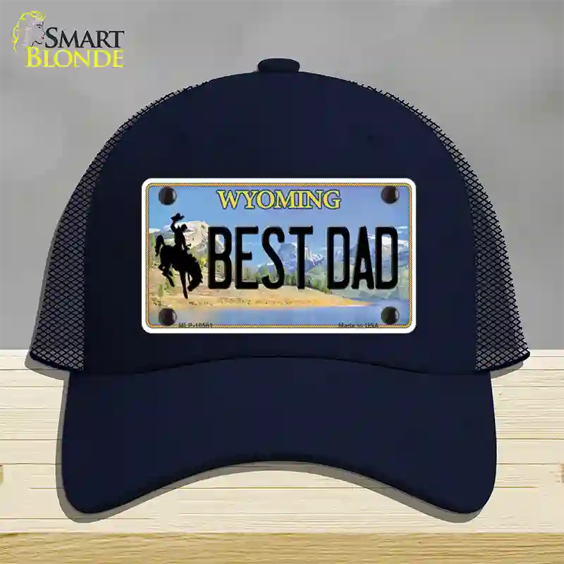 Best Dad Wyoming Novelty License Plate Hat Mesh / Navy