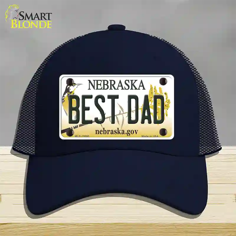 Best Dad Nebraska Novelty License Plate Hat Mesh / Navy