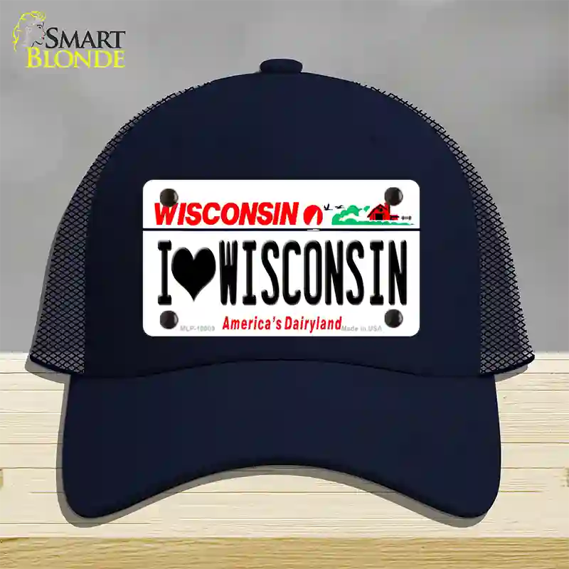 I Love Wisconsin Novelty License Plate Hat Mesh / Navy