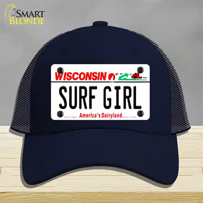 Surf Girl Wisconsin Novelty License Plate Hat Mesh / Navy