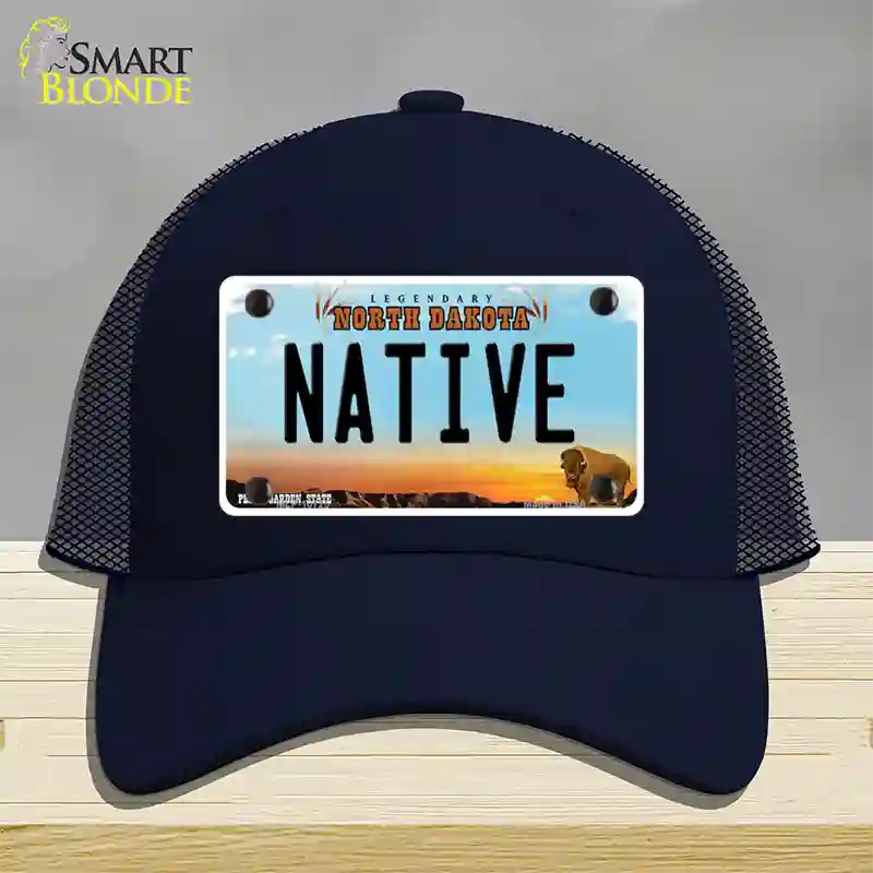 Native North Dakota Novelty License Plate Hat Mesh / Navy