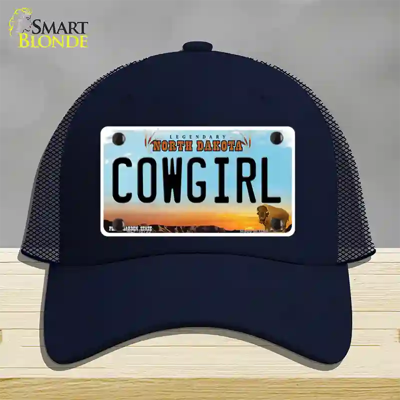 Cowgirl North Dakota Novelty License Plate Hat Mesh / Navy