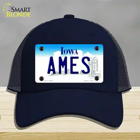 Ames Iowa Novelty License Plate Hat Mesh / Navy