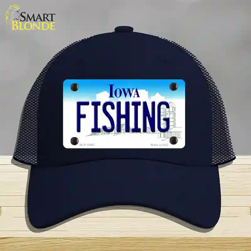 Fishing Iowa Novelty License Plate Hat Mesh / Navy