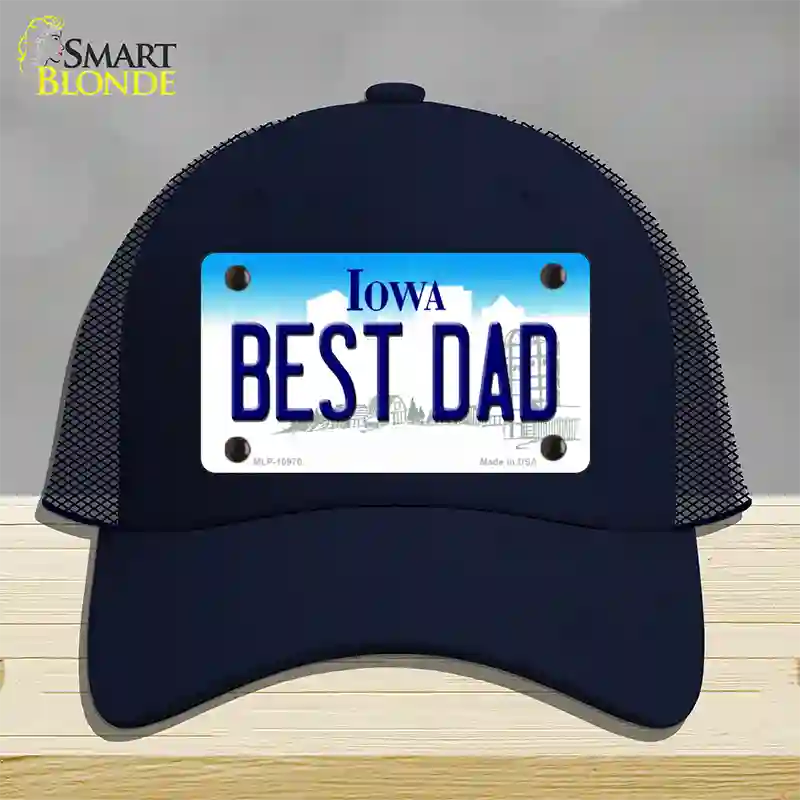 Best Dad Iowa Novelty License Plate Hat Mesh / Navy