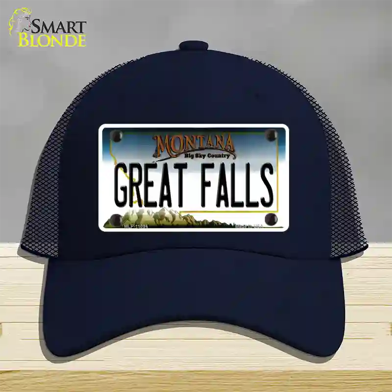 Great Falls Montana State Novelty License Plate Hat Mesh / Navy