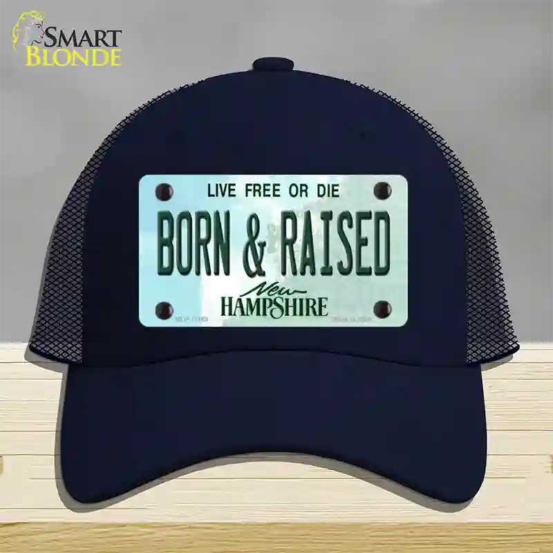 Born and Raised New Hampshire State Novelty License Plate Hat Mesh / Navy