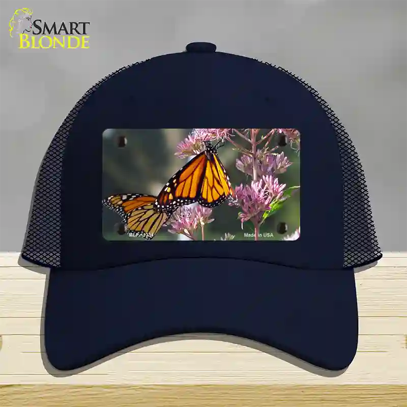 Butterfly Monarch On Flower Novelty License Plate Hat Mesh / Navy