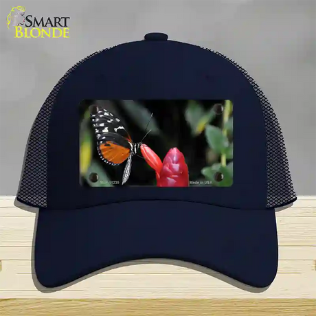 Butterfly On Red Flower Novelty License Plate Hat Mesh / Navy