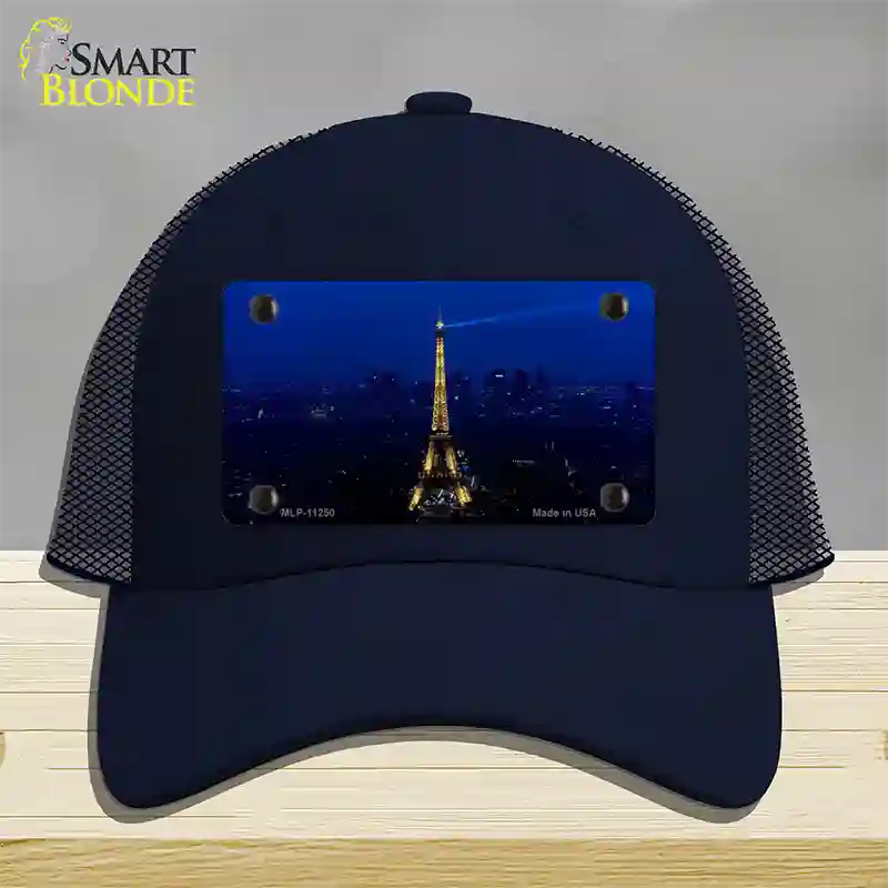 Eiffel Tower Night With City Skyline Novelty License Plate Hat Mesh / Navy