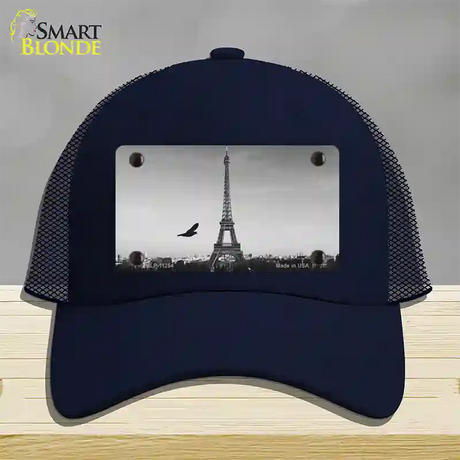 Eiffel Tower Black and White With Bird Novelty License Plate Hat Mesh / Navy