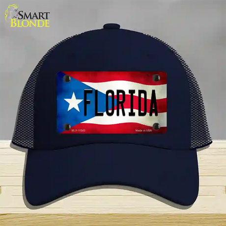 Florida Puerto Rico Flag Novelty License Plate Hat Mesh / Navy