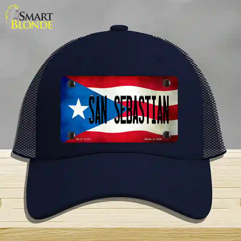 San Sebastian Puerto Rico Flag Novelty License Plate Hat Mesh / Navy