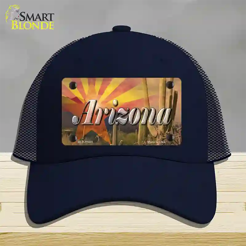 Arizona State Flag Overlay On Cactus Novelty License Plate Hat Mesh / Navy