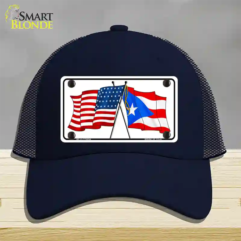 Puerto Rico Crossed US Flag Novelty License Plate Hat Mesh / Navy