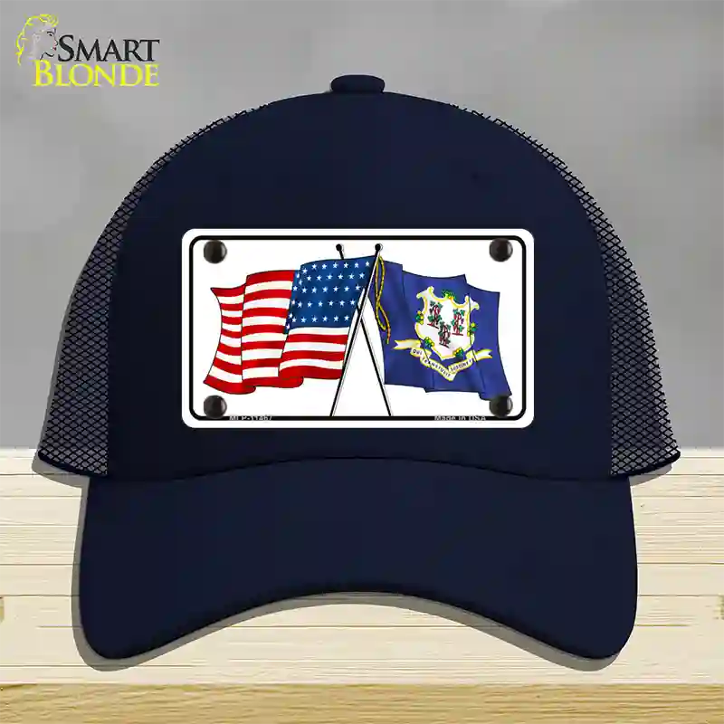 Connecticut Crossed US Flag Novelty License Plate Hat Mesh / Navy