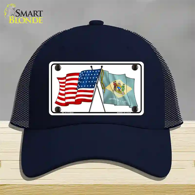 Delaware Crossed US Flag Novelty License Plate Hat Mesh / Navy