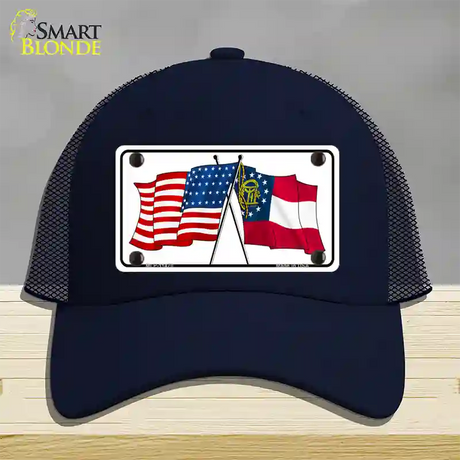 Georgia Crossed US Flag Novelty License Plate Hat Mesh / Navy