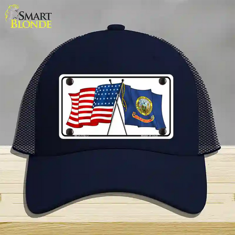 Idaho Crossed US Flag Novelty License Plate Hat Mesh / Navy