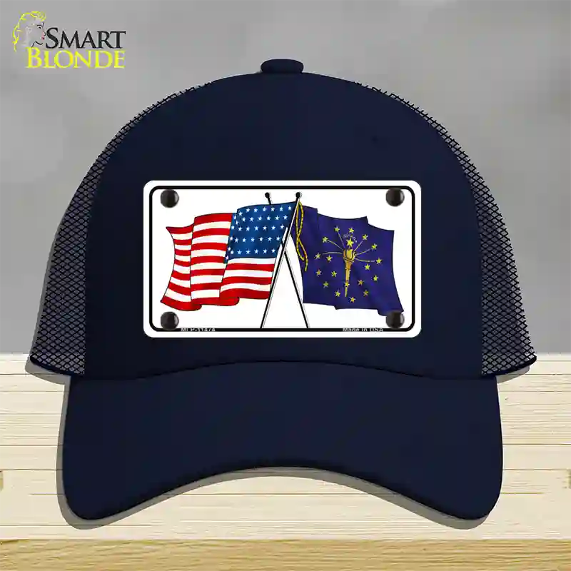 Indiana Crossed US Flag Novelty License Plate Hat Mesh / Navy