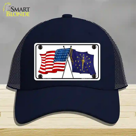 Indiana Crossed US Flag Novelty License Plate Hat Mesh / Navy