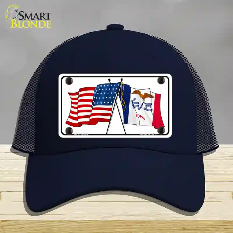 Iowa Crossed US Flag Novelty License Plate Hat Mesh / Navy