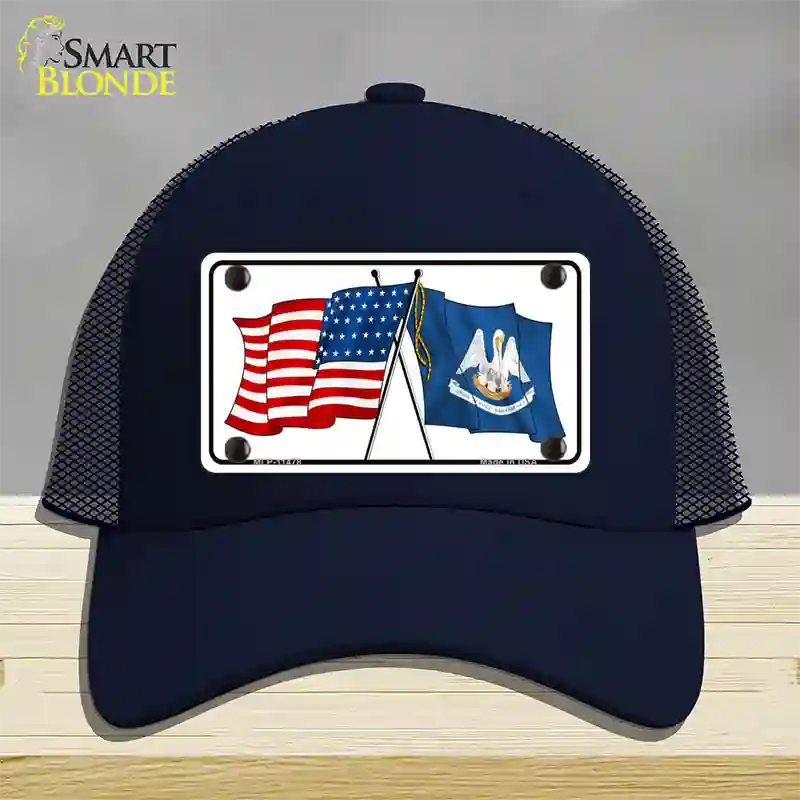 Louisiana Crossed US Flag Novelty License Plate Hat Mesh / Navy