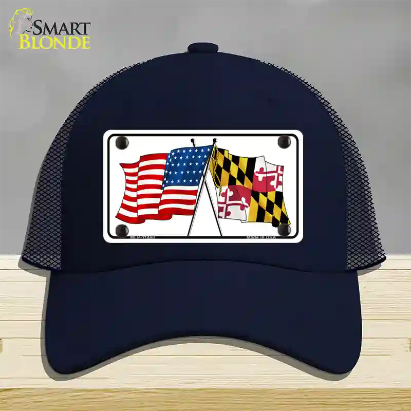 Maryland Crossed US Flag Novelty License Plate Hat Mesh / Navy