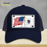 Massachusetts Crossed US Flag Novelty License Plate Hat Mesh / Navy