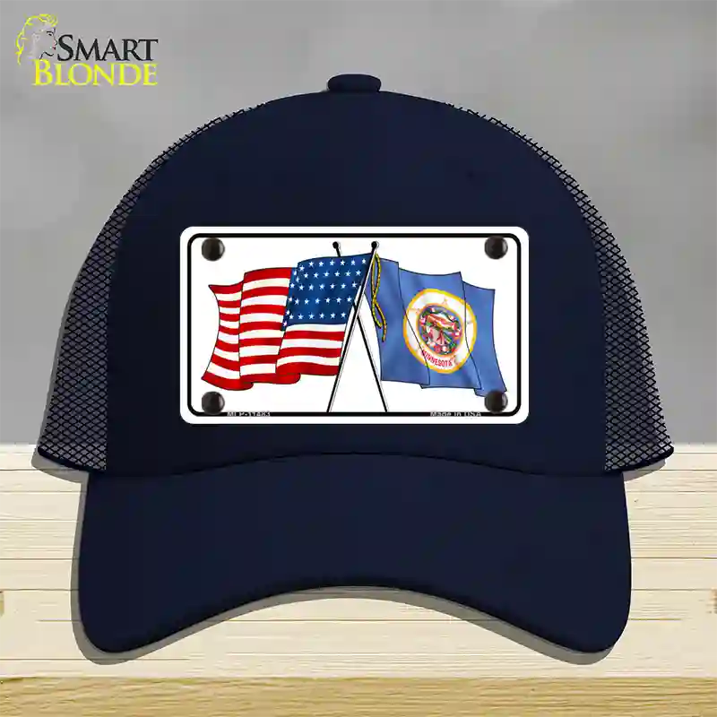 Minnesota Crossed US Flag Novelty License Plate Hat Mesh / Navy